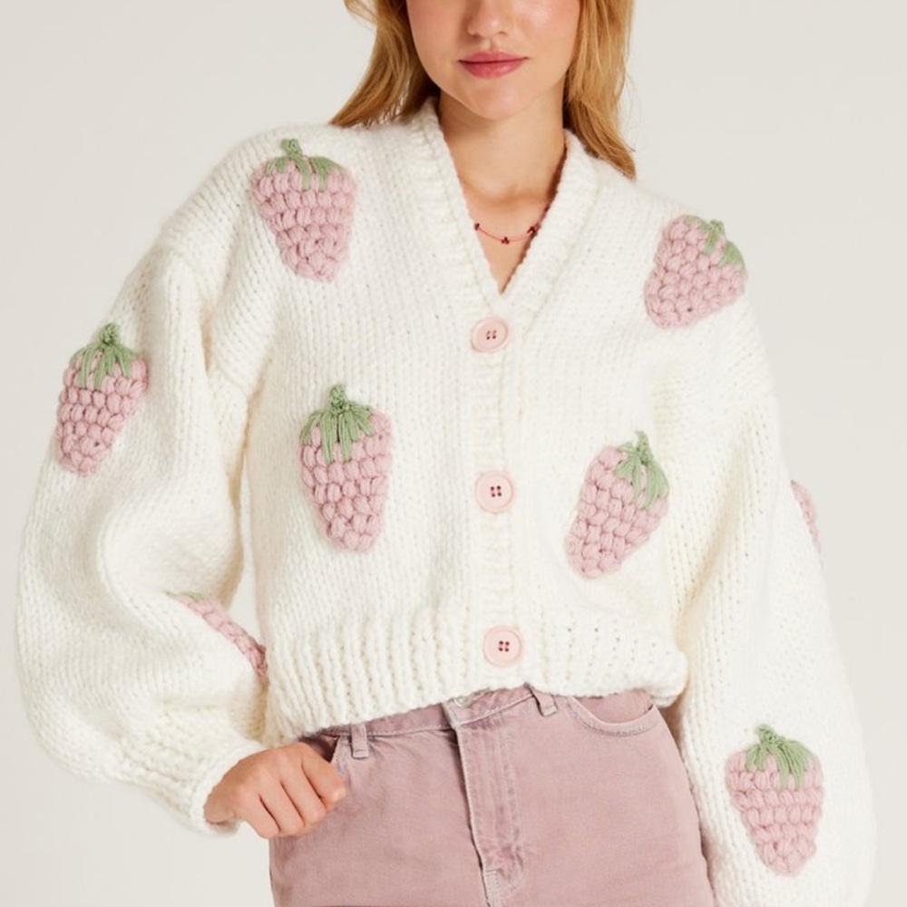Chunky white & pink strawberry knit cardigan